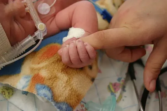 A newborn baby holding an adult's finger while receiving medical care in a hospital