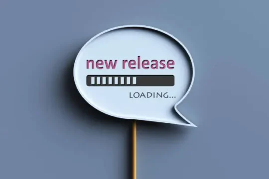 Speech bubble with "new release loading" text and progress bar graphic on grey background
