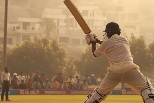 Indian cricketer playing a match in evening light