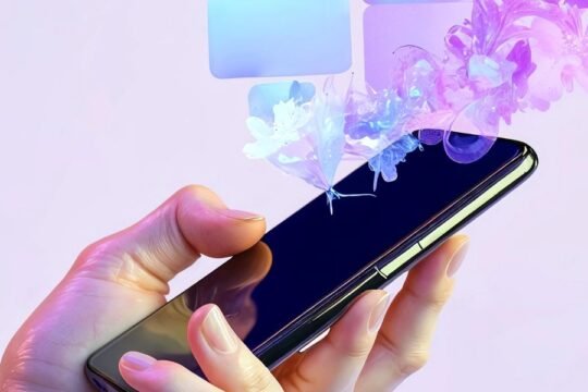 worldtrendnow A hand holding a smartphone with vibrant digital flowers and translucent app icons emerging from the screen, symbolizing creativity and technology.