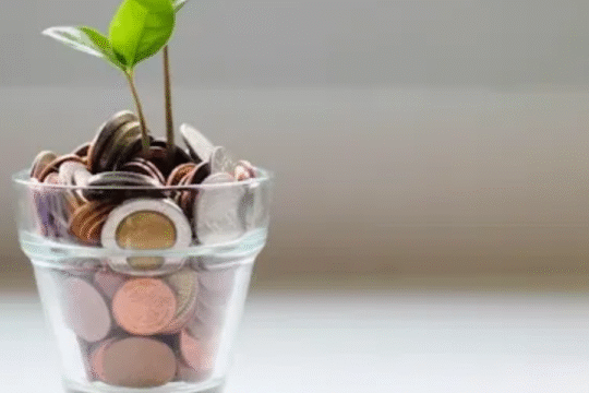 A glass jar filled with assorted coins with a small green plant growing from it, symbolizing financial growth and investment.