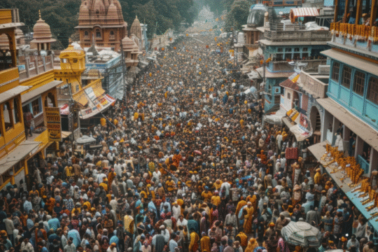 Massive crowd gathered in a vibrant Indian street during a religious or cultural festival
