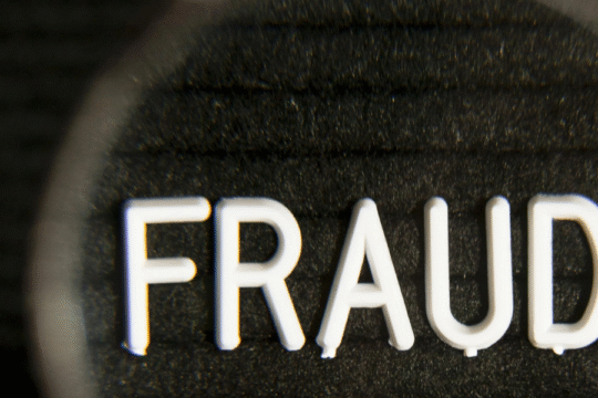 Close-up of the word "FRAUD" in white bold letters on a dark textured background.