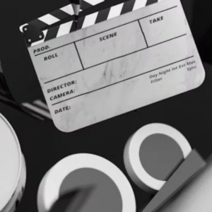 A film clapperboard and several movie reels arranged artistically on a black reflective surface, symbolizing film production.