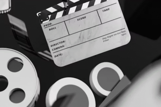 A film clapperboard and several movie reels arranged artistically on a black reflective surface, symbolizing film production.