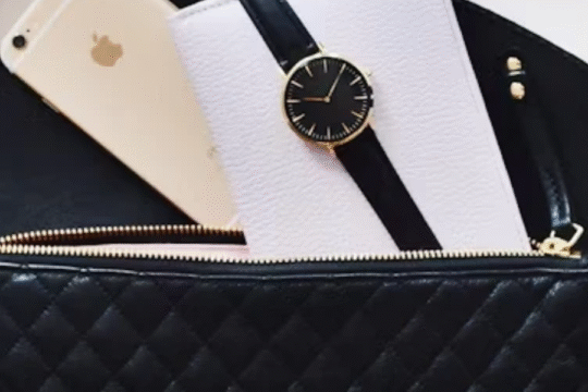 Luxury black quilted handbag with a gold zipper, holding an iPhone, a white notebook, and a black wristwatch.