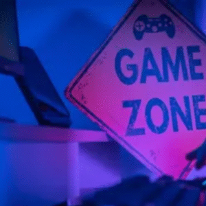A neon-lit gaming setup with a "Game Zone" sign and a person using a keyboard in a dark, blue-and-purple illuminated room.