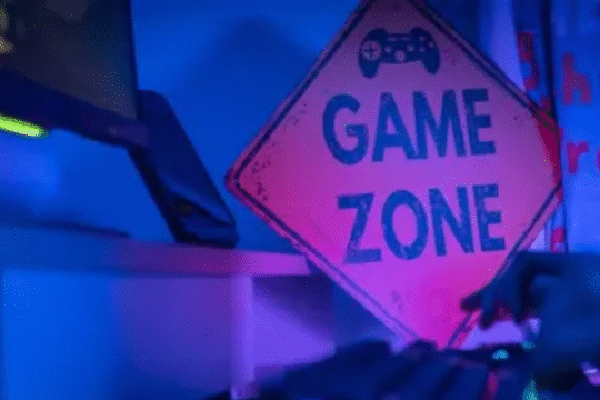 A neon-lit gaming setup with a "Game Zone" sign and a person using a keyboard in a dark, blue-and-purple illuminated room.