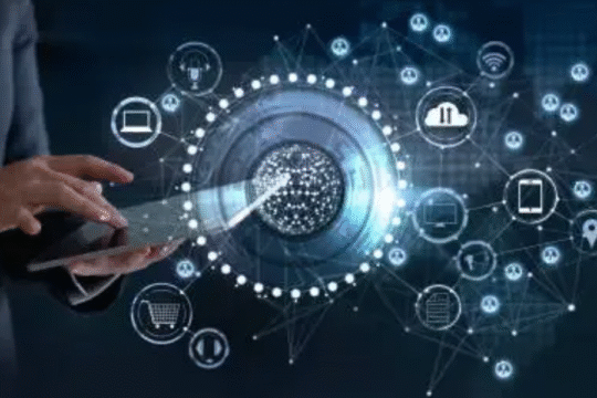 Person using a digital tablet with holographic icons representing cloud computing, internet connectivity, and digital networks.