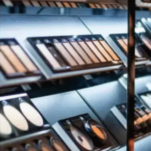 A well-lit display of makeup products including foundation palettes, powders, and contour kits arranged neatly on shelves in a cosmetics store.