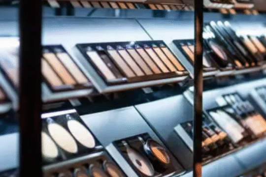 A well-lit display of makeup products including foundation palettes, powders, and contour kits arranged neatly on shelves in a cosmetics store.