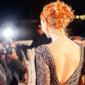 Female celebrity posing on red carpet as paparazzi take photos with flashing cameras