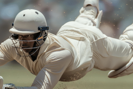Cricketer in action diving mid-air to save or reach the crease during a match, wearing full white gear and helmet.