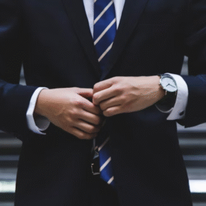 A man in a dark business suit buttoning his blazer while standing in front of a modern staircase.