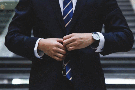 A man in a dark business suit buttoning his blazer while standing in front of a modern staircase.