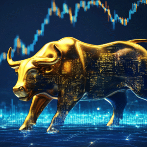 A glowing golden bull symbolizing a bullish stock market, set against a background of rising stock charts and digital data visuals.