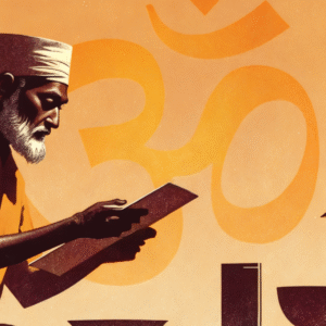 Illustration of an elderly Indian man reading a book in warm lighting, with an 'Om' symbol in the background, evoking spiritual and cultural depth