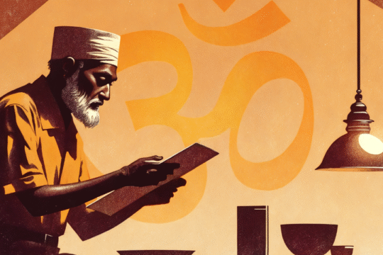 Illustration of an elderly Indian man reading a book in warm lighting, with an 'Om' symbol in the background, evoking spiritual and cultural depth