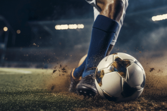 Close-up of a football player kicking a soccer ball on a stadium field under floodlights