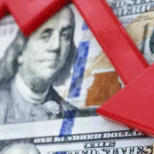 Red downward arrow over US dollar bills symbolizing economic decline or currency depreciation