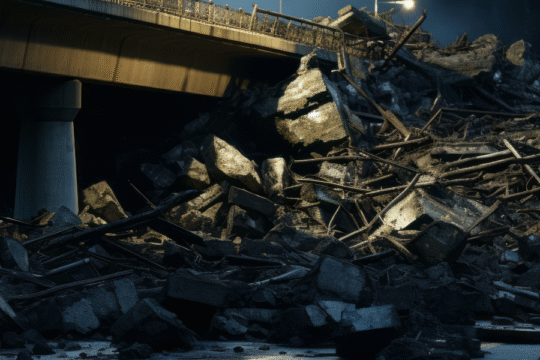 Collapsed tunnel or bridge structure with scattered concrete debris and twisted metal under low light conditions