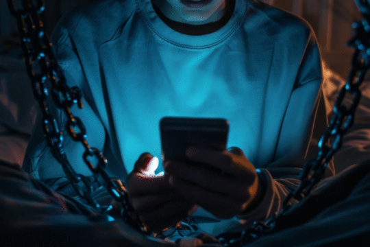 Person illuminated by phone screen, sitting in the dark, surrounded by chains symbolizing digital addiction.