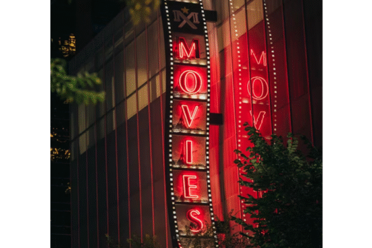Vertical neon sign reading "MOVIES" on the exterior of a building at night, with red lighting and a reflection on glass panels.