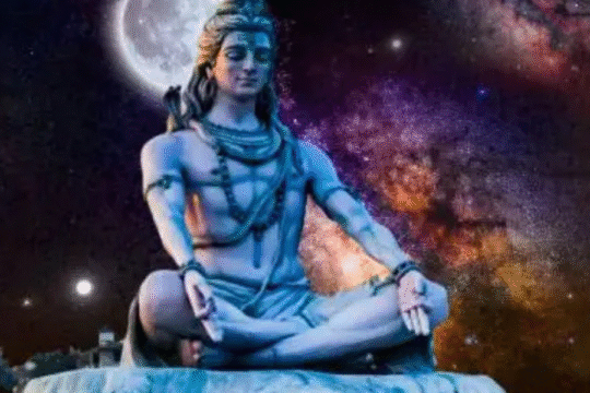 Lord Shiva meditating under cosmic sky with full moon in background