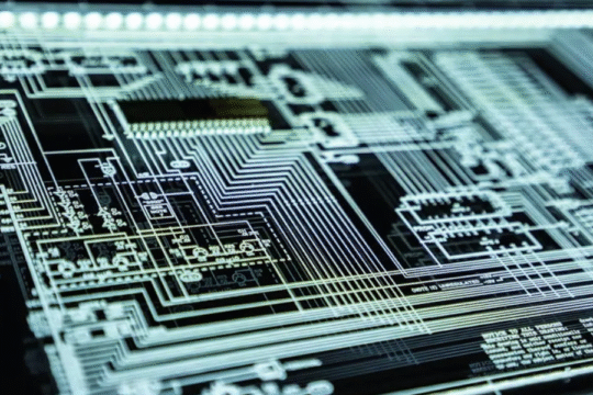 Close-up view of a glowing digital electronic circuit board with intricate wiring and components, symbolizing advanced technology and computing systems.