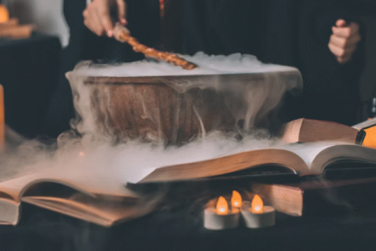 Mysterious scene with a cauldron, magic books, and glowing candles surrounded by smoke.