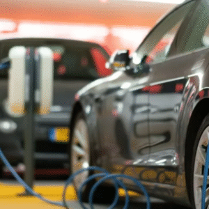 Electric cars charging at a station in a brightly lit indoor parking area.
