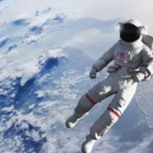 Astronaut floating in space above Earth with clouds and oceans visible.