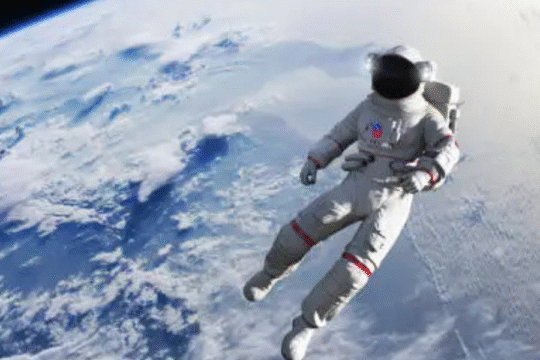 Astronaut floating in space above Earth with clouds and oceans visible.