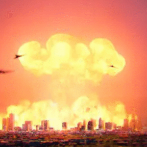 Massive explosion over a city skyline with fighter jets flying overhead.