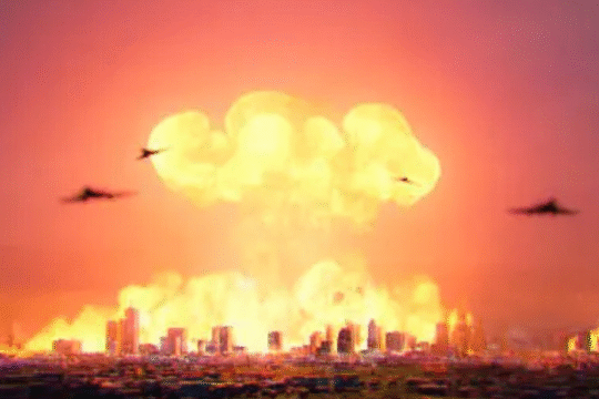 Massive explosion over a city skyline with fighter jets flying overhead.