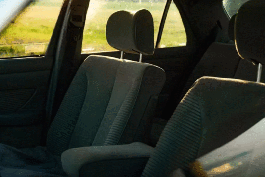 Empty car seats bathed in warm sunlight through windows.