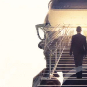 Double exposure of man walking up stairs inside another man's silhouette.