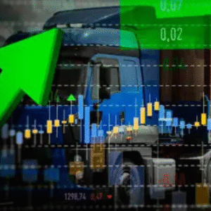 Truck with financial stock chart overlay and upward green arrow.