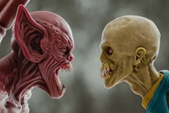 Fierce face-off between a red demon and a skeletal zombie figure.
