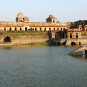Historic Jahaz Mahal surrounded by water in Mandu, Madhya Pradesh