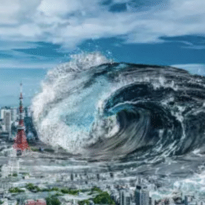 A massive tsunami wave approaching a modern city skyline under a blue sky.