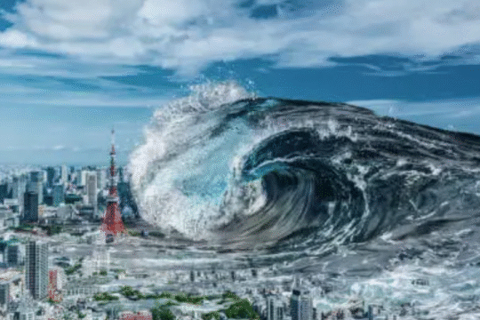 A massive tsunami wave approaching a modern city skyline under a blue sky.