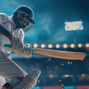 Cricketer in action during a night match under stadium lights