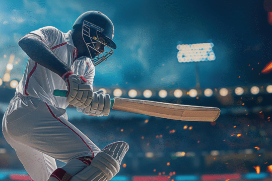 Cricketer in action during a night match under stadium lights