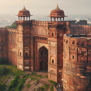 Aerial view of Agra Fort surrounded by mist and the Yamuna River