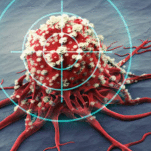 Illustration of a cancer cell under microscope with target crosshair