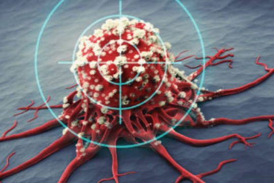 Illustration of a cancer cell under microscope with target crosshair