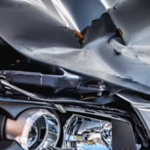Close-up of a severely damaged car front with a crushed hood and broken headlight.