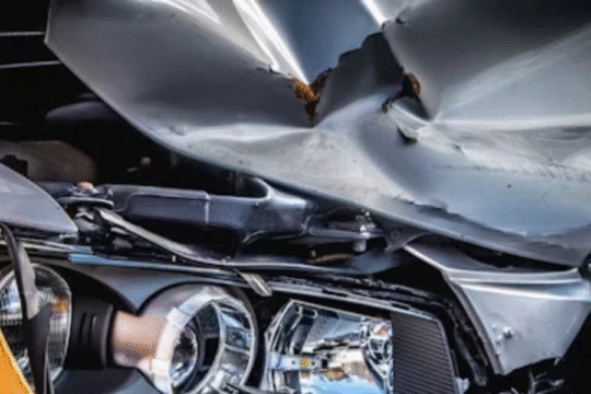 Close-up of a severely damaged car front with a crushed hood and broken headlight.