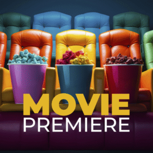 Colorful cinema seats with popcorn buckets lined up for a movie premiere event.